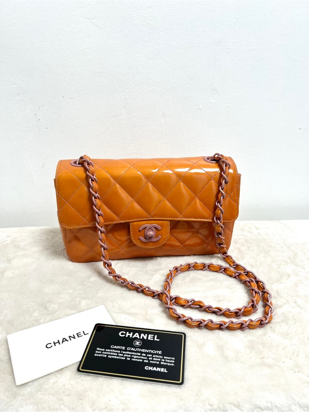 CHANEL Caramel Orange Patent Leather Mini Classic Flap Bag